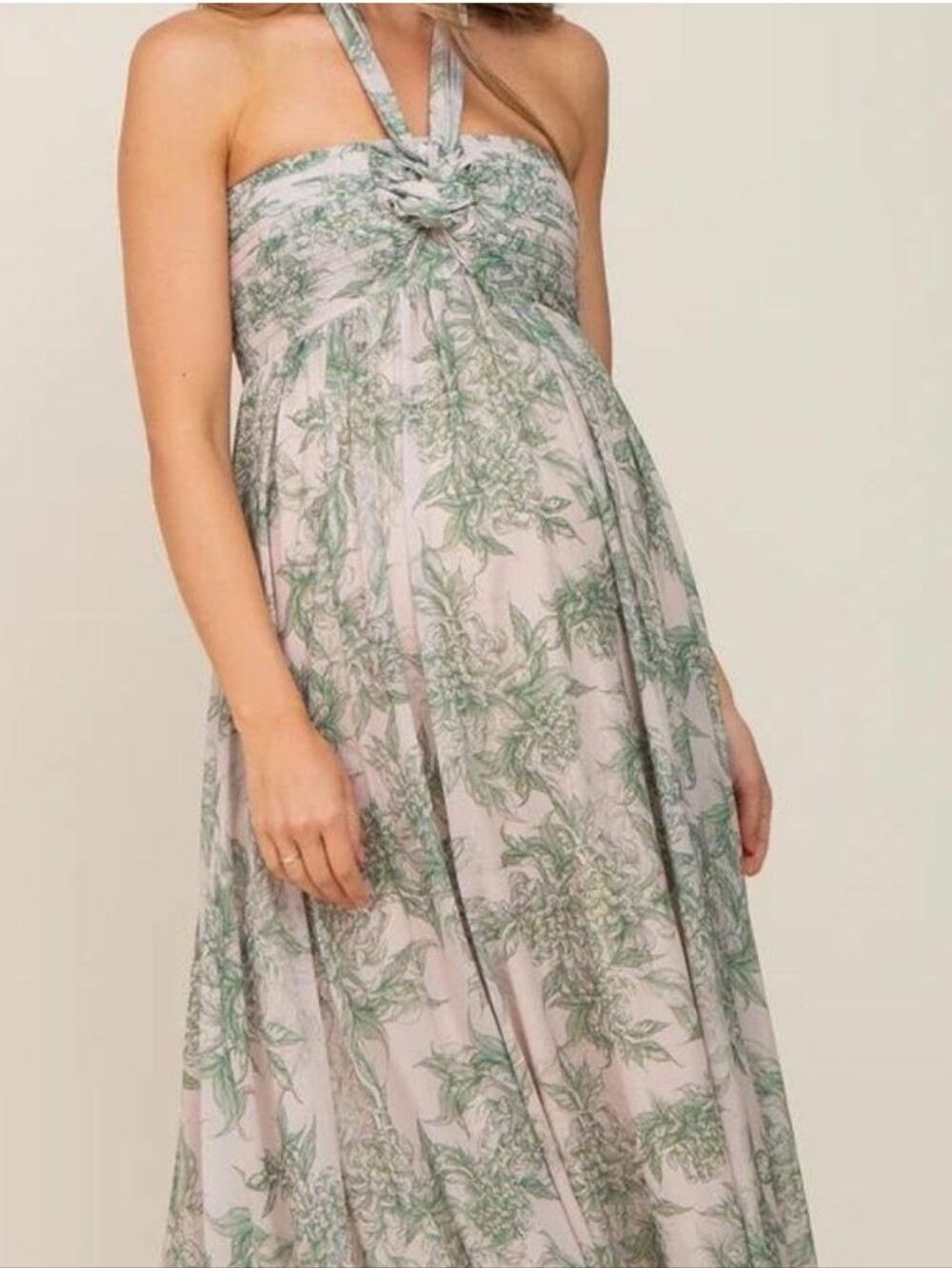 NWOT Aakaa Romantic Whimsical Floral Sage Halter Maxi Dress